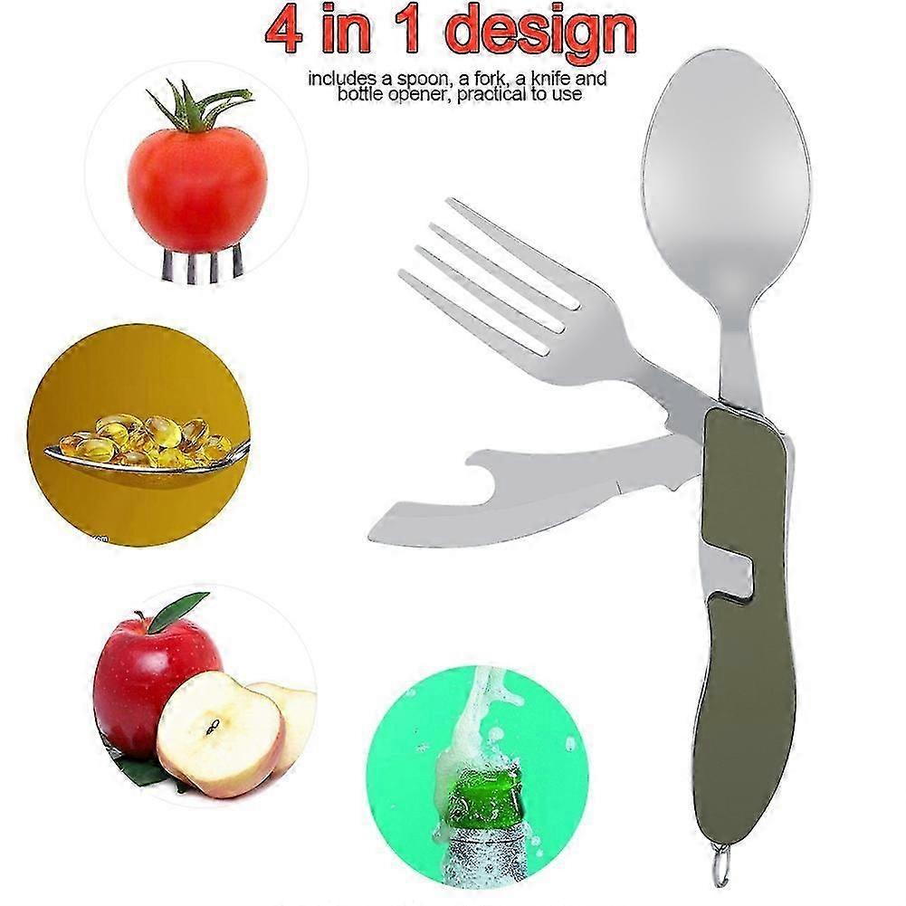 4 in 1 Stainless Steel Folding Portable Knife Fork Spoon Set for Camping Picnic Green