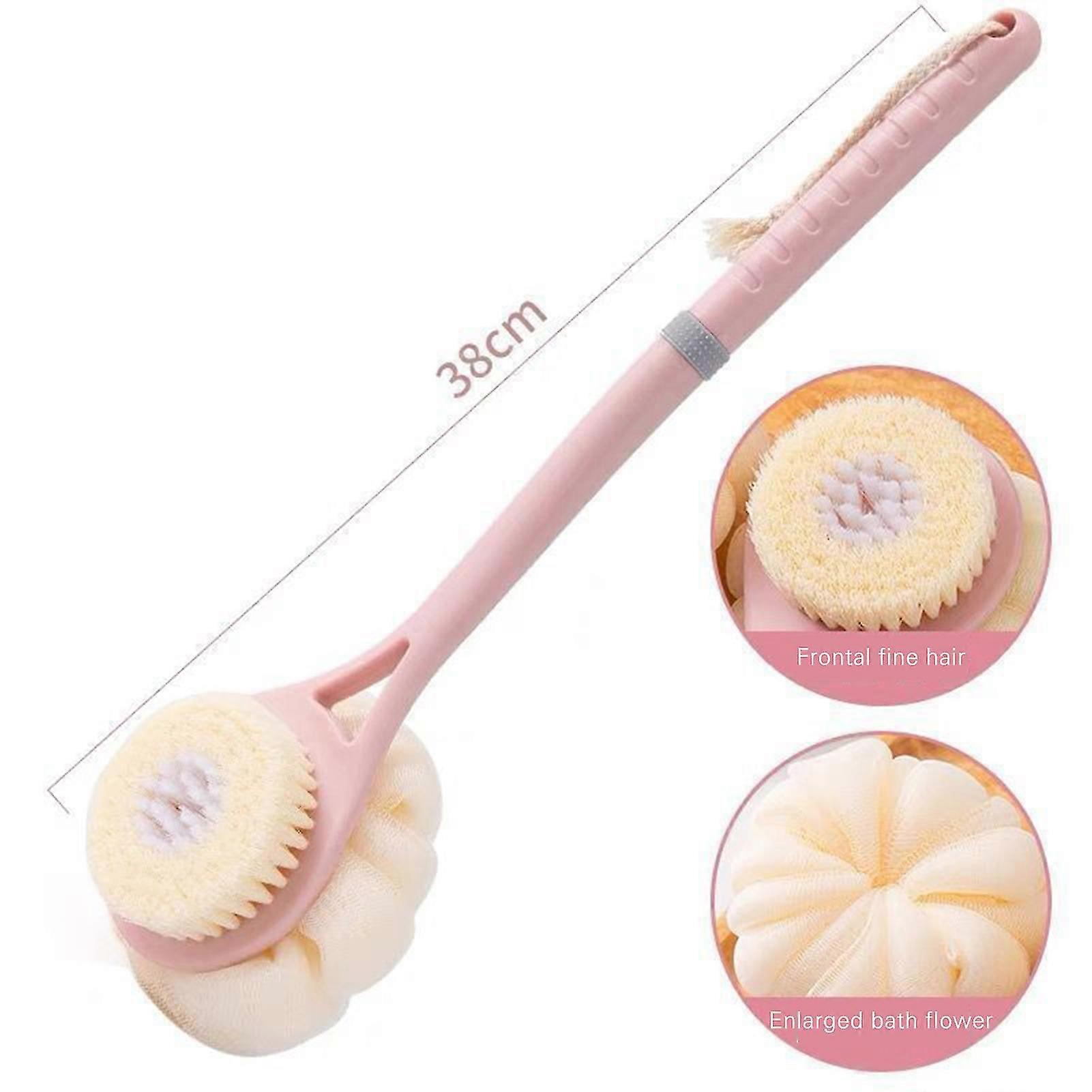 2 In 1 Long Handled Soft Back Scrubber With Bristles And Loofah For Wet Or Dry