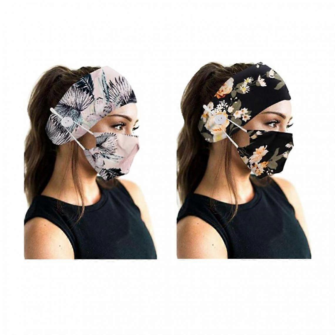 Button Headband With Pink Camouflage Face Mask + White Leaves