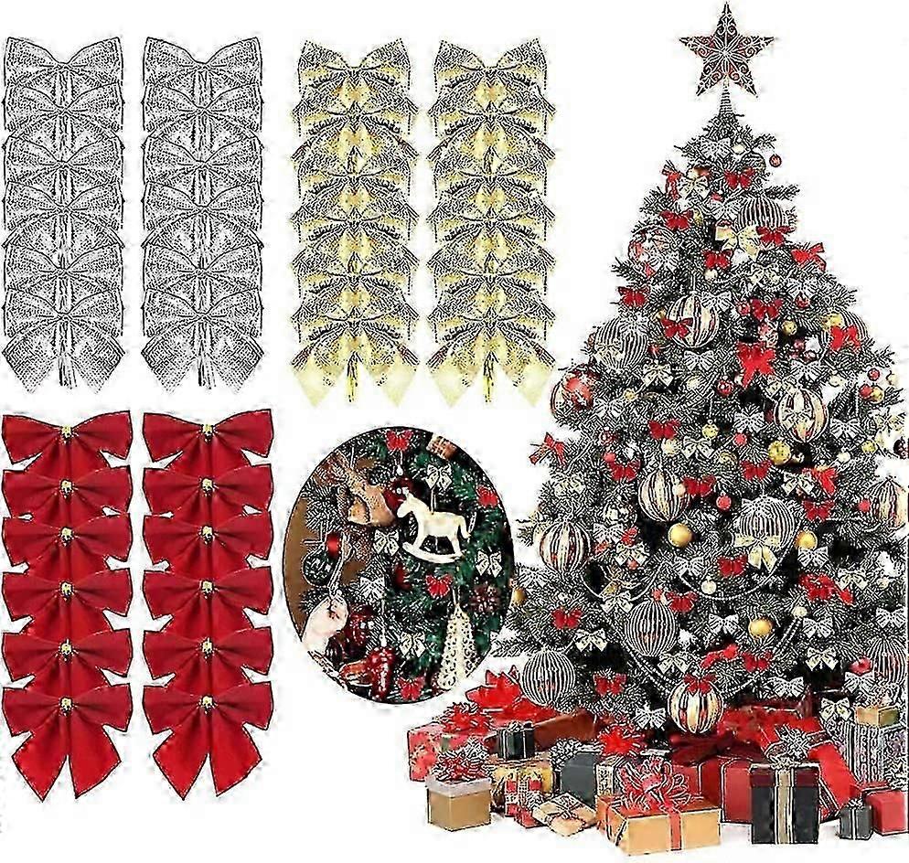 72 PCS Cloth Christmas Ribbon Bow 4.5*4.5 Reusable Christmas Bows Durable Ribbon Bow Ties with Hooping for Christmas Tree Gift Holiday Wedding Decorat