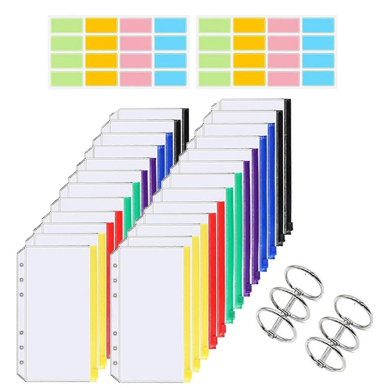 25PCS Convenient Clear Binder Pockets Zippered Folders for 6-Rings Notebook Binder Practical Files Reports Binders Multicolor
