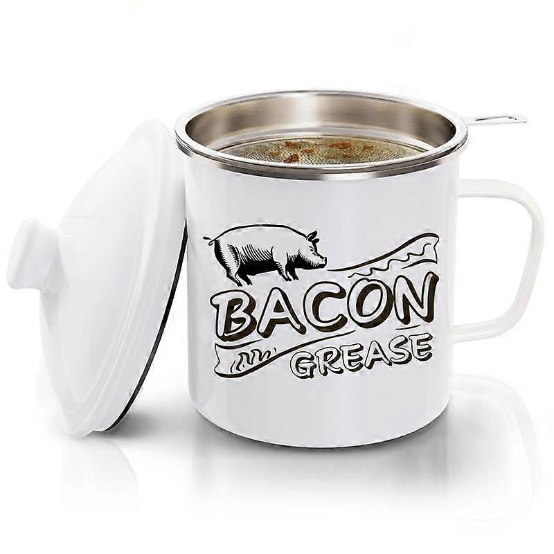 46OZ LARGE Bacon Grease Saver with Fine Mesh Strainer & Handle - Enamel Oil Keeper Container, Bacon Fat Dripping Can - Farmhouse Kitchen Gif