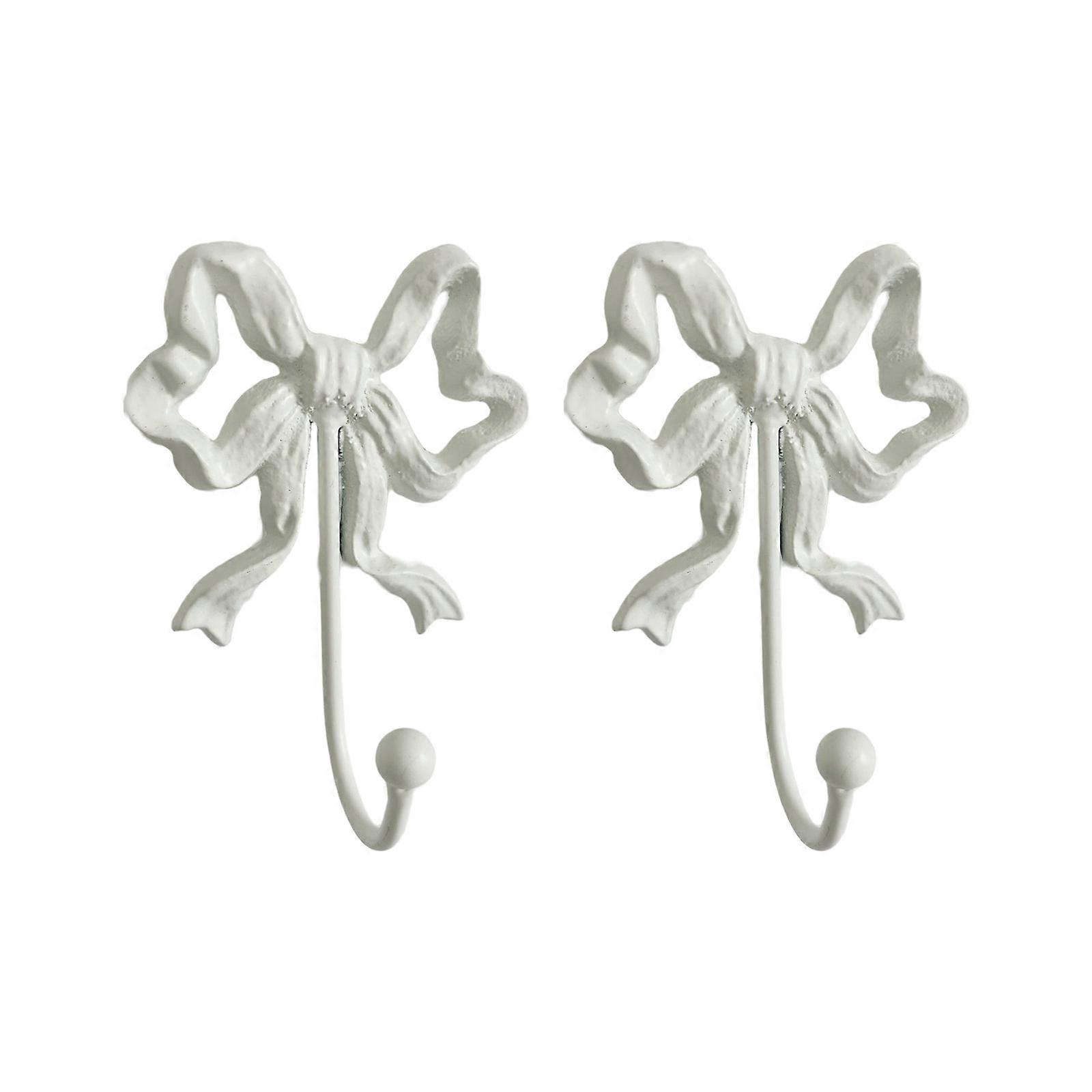 Pack of 2 Practical Cast Iron Bows Shaped Hooks for Secure Hanging of Coat Hats Keys Decorative Hangers  White