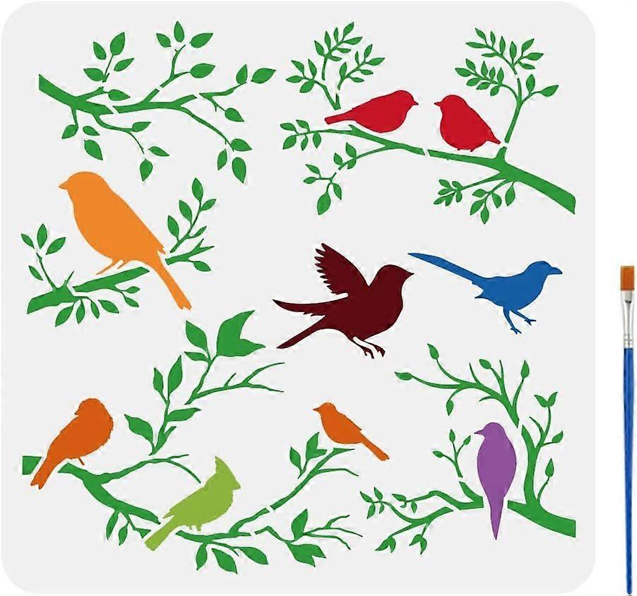 Branch Bird Stencil for Painting with Brush 11.8x11.8inch Reusable Birds Pattern Template Hollowed Trees Branches Stencil Plastic PET Animal Theme Tem