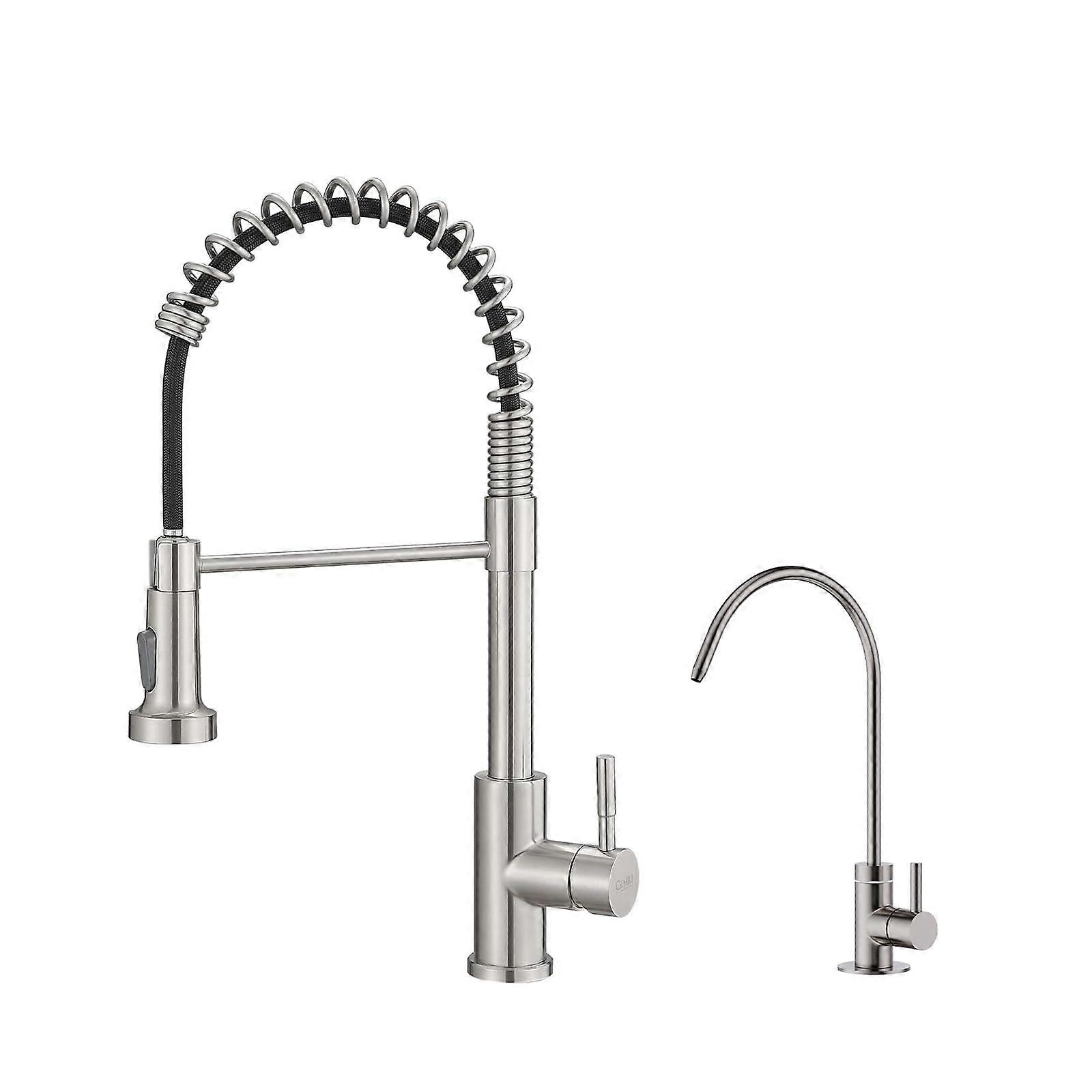 Brushed Nickel Kitchen Faucet with Separate Drinking Water Spout and Dual Outlet Design