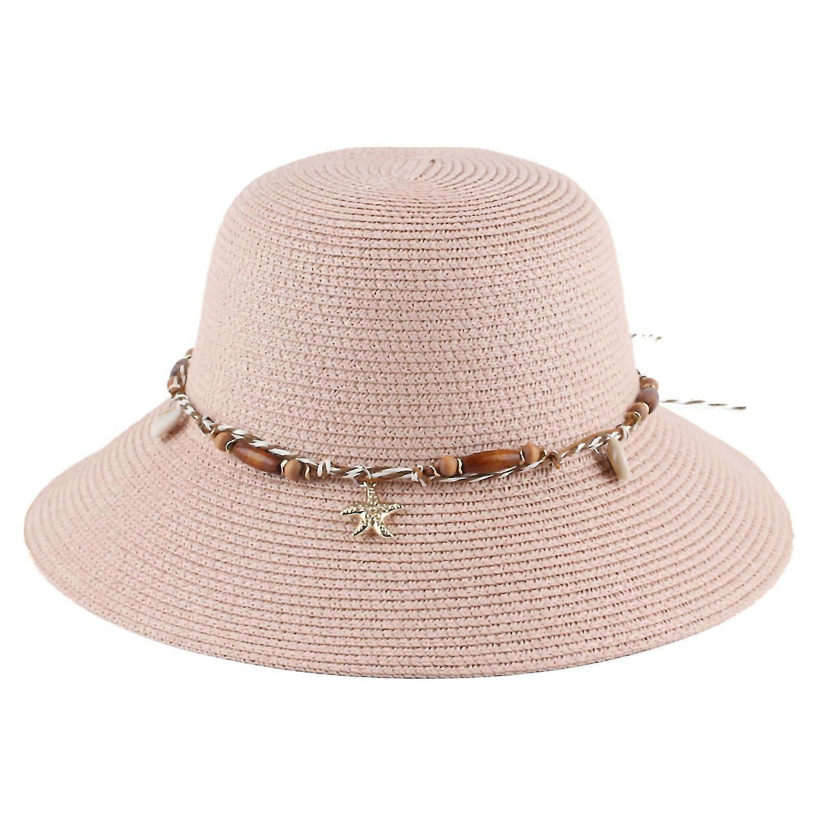 Women Sun Hat Solid Color Sea Shell Decor Braided String Flat Top Sunscreen Round Decorative Beach Hat Clothes Accessory