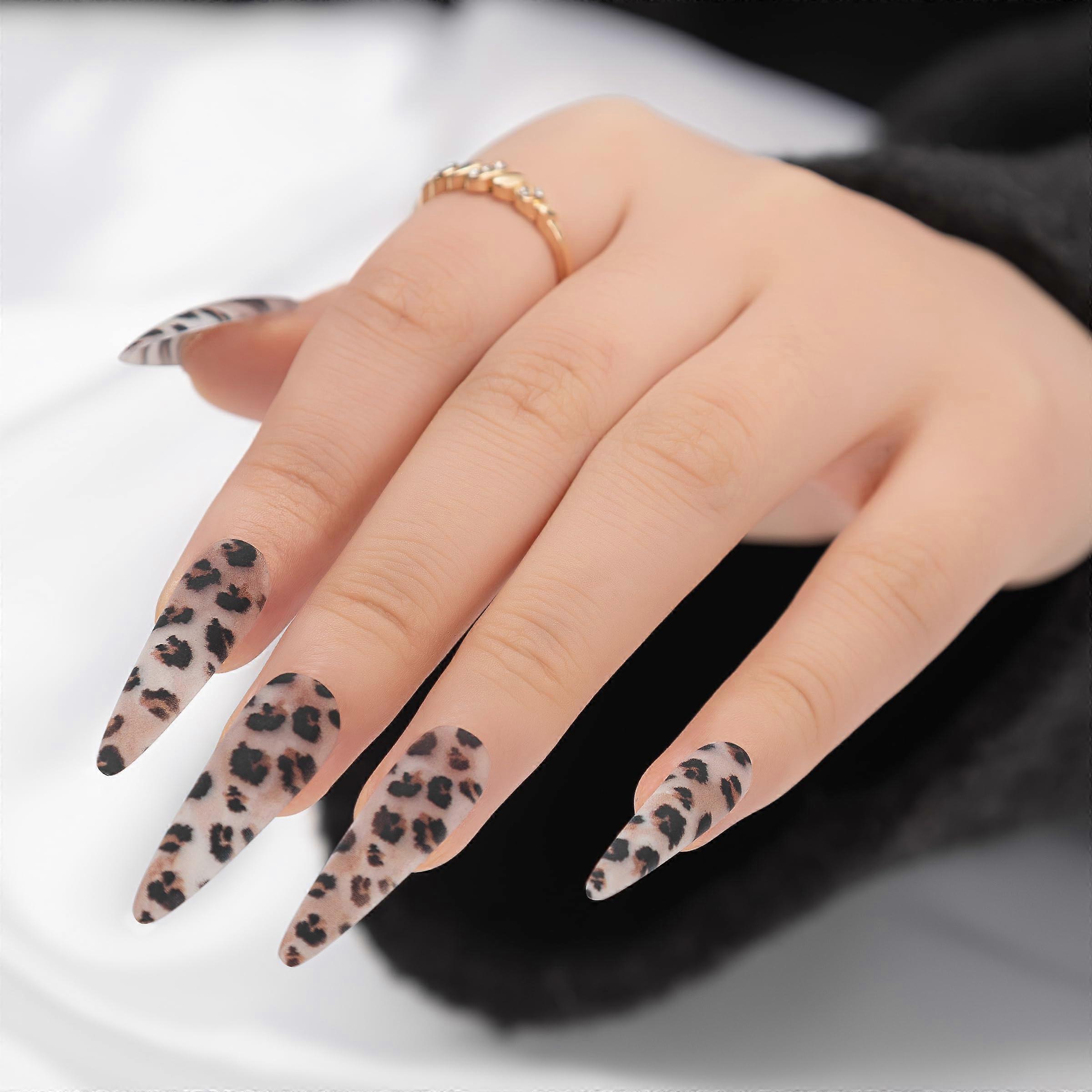 Long Pointed Leopard Print Press on Nails, Reusable Fake Acrylic Nail Tips for Easy Application