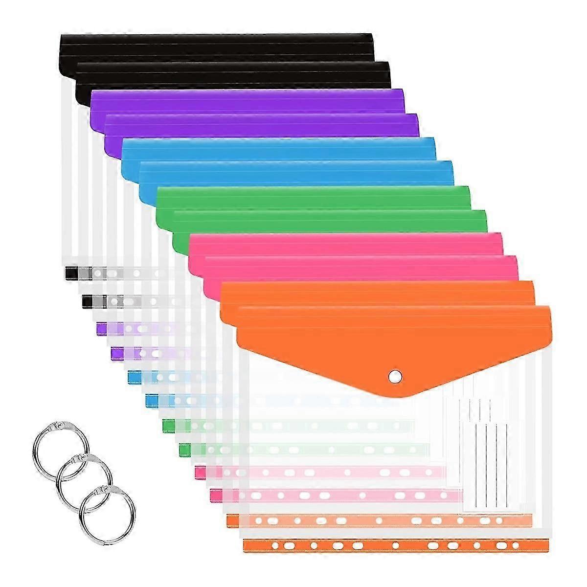 12 Pcs A4 Binder Pocket Expandable Envelopes Clear Plastic Envelopes for Ring Binder Folder, Snap Bu