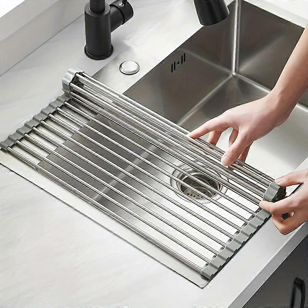 Foldable Stainless Steel Over Sink Dish Drying Rack Roll Up Kitchen Organizer Large Black