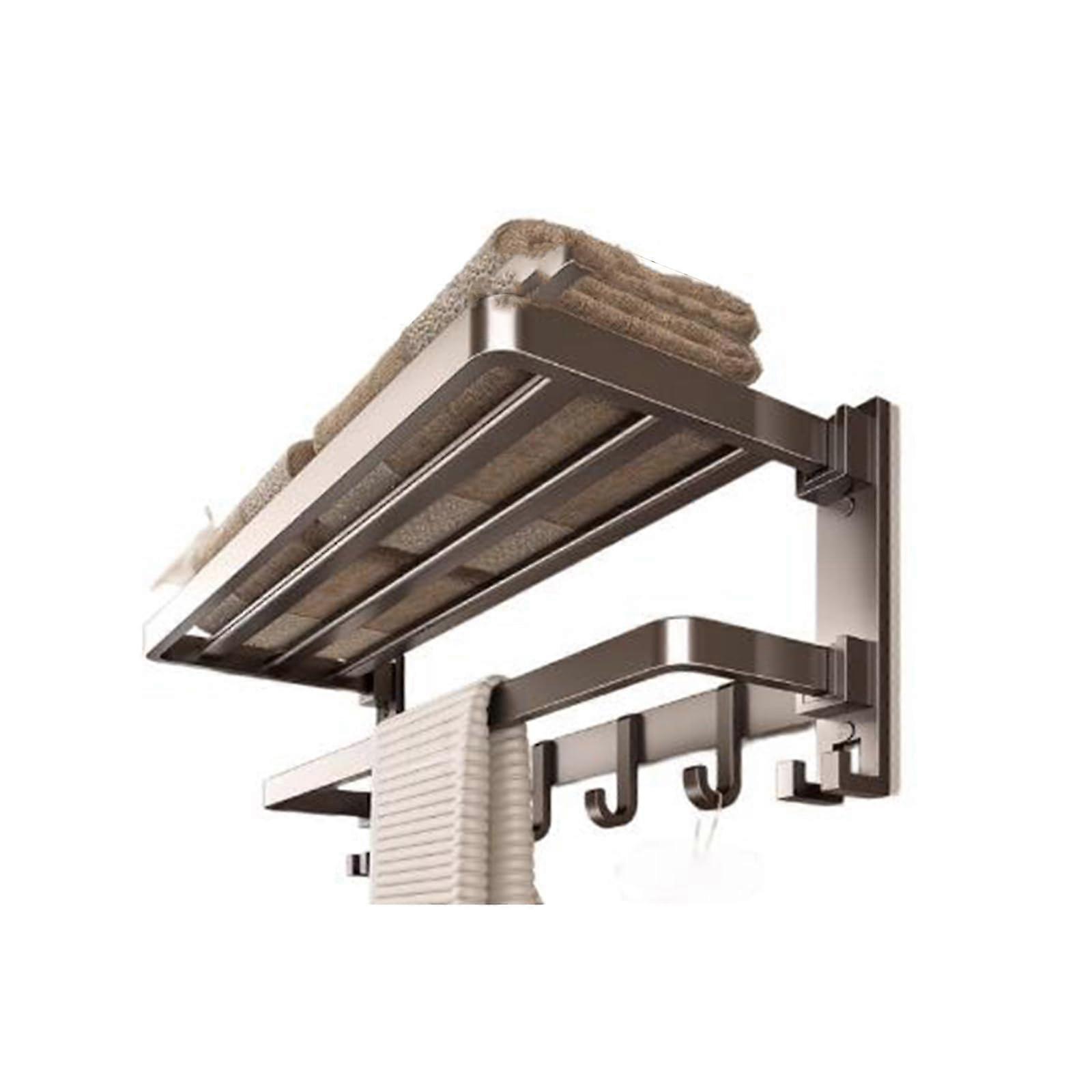Bathroom Towel Rack Wall Mounted 2 Tier Rustproof Foldable Shelf with 7 Hooks Grey 50cm