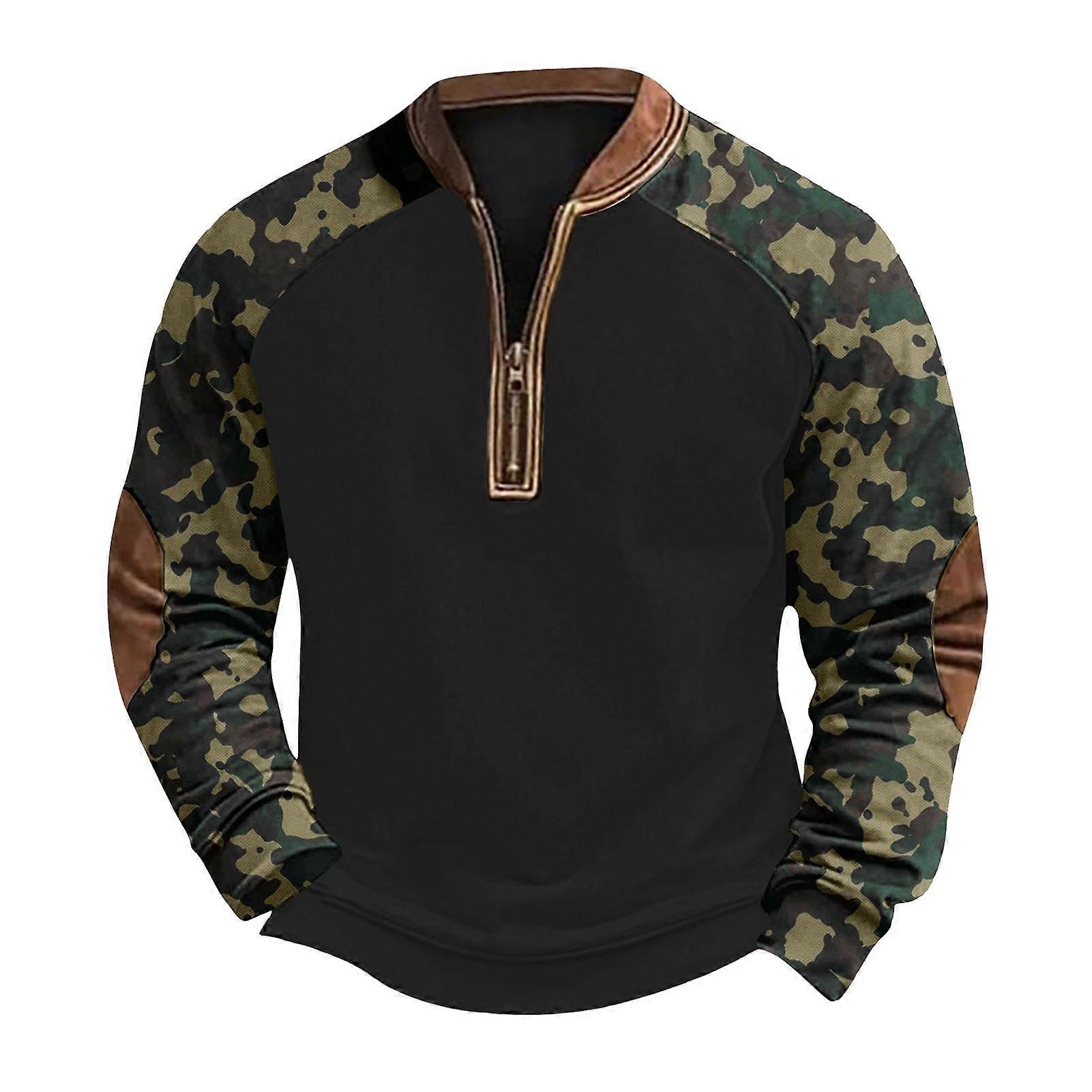 Men Spring Fall Top 3D Digital Camouflage Printing Half Zipper V Neck Elastic Cuffs And Hem Pullover