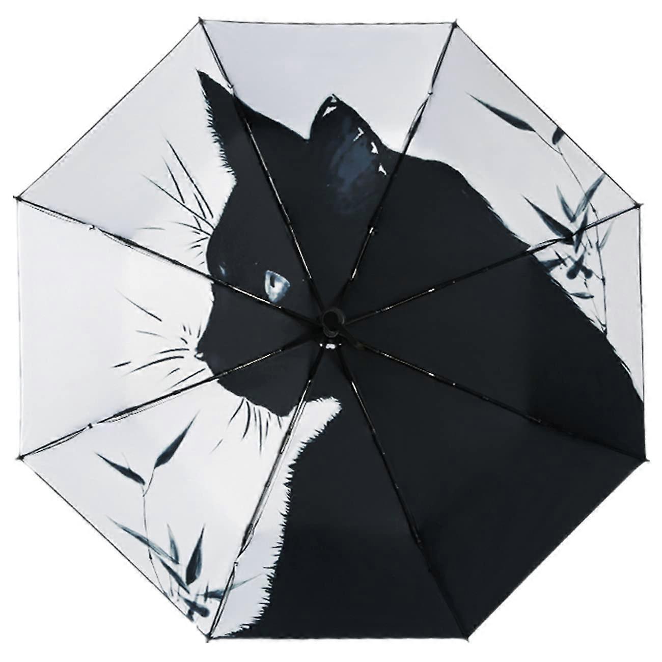 Windproof Travel Umbrella Compact Folding Design with Cat Pattern Interior
