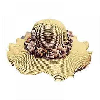 Kærlig mode blomst blonder bånd bred rand caps sommer strand solbeskyttende hat stråhatte til kvinder, khaki