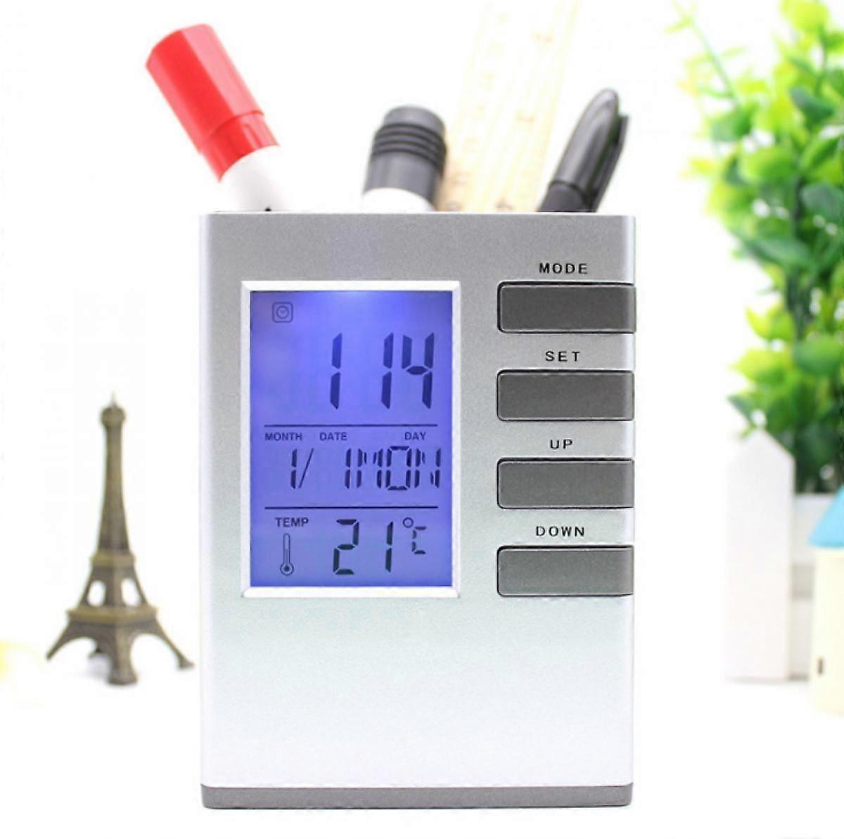 Multi Function Pen Pot Led Digital Alarm Clock Office Electronic Desk Clock With Calendar