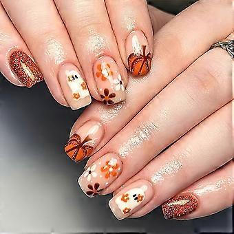 Halloween Press-On Nails, 24pcs Medium Square Acrylic with Pumpkin Ghost Glitter for Women