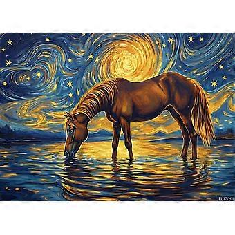 Puzzle per adulti: cavalli che pascolano e bevono di notte. Esercita la mente e le mani. Dai forma al tuo regno dei sogni. VV531