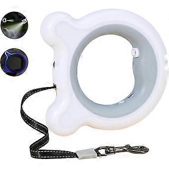 Einziehbare Hundeleine mit wiederaufladbarem LED-Licht, 3 m langes, robustes Nylonband, 360° drehbar, verwicklungsfrei, Einhandbremse (Weiß/Grau)
