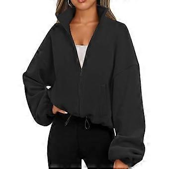 Famulily Damen Snøre Saum Langarm Crop Sweatshirt Toppe Fuld lynlås Fleece Kurze Jacke mit Taschen S bis XL cy