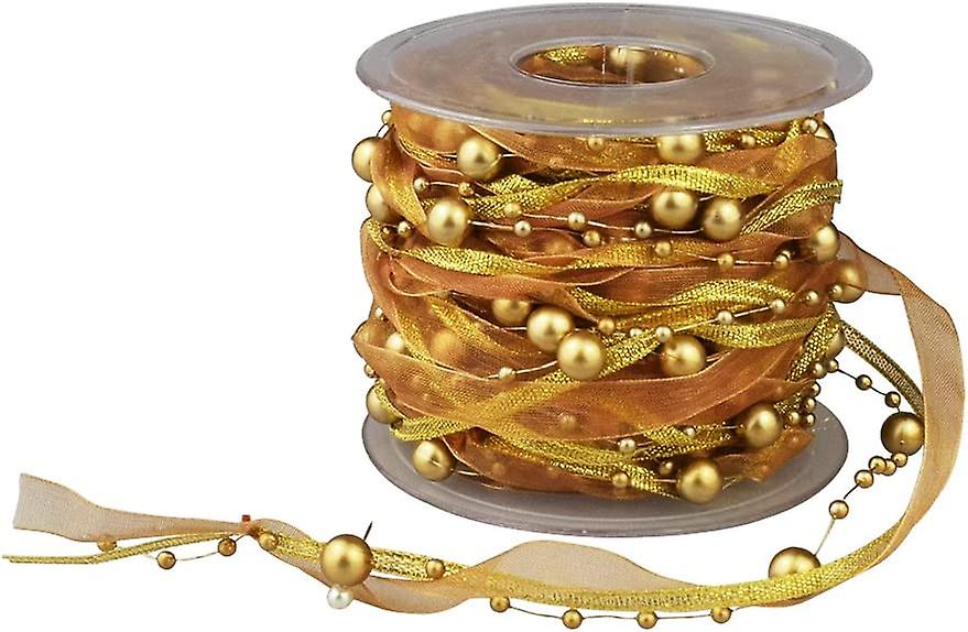3 Strings Beaded Ribbon, Pearl String, Satin Ribbon and Organza Ribbon, 33 Feet, Gold