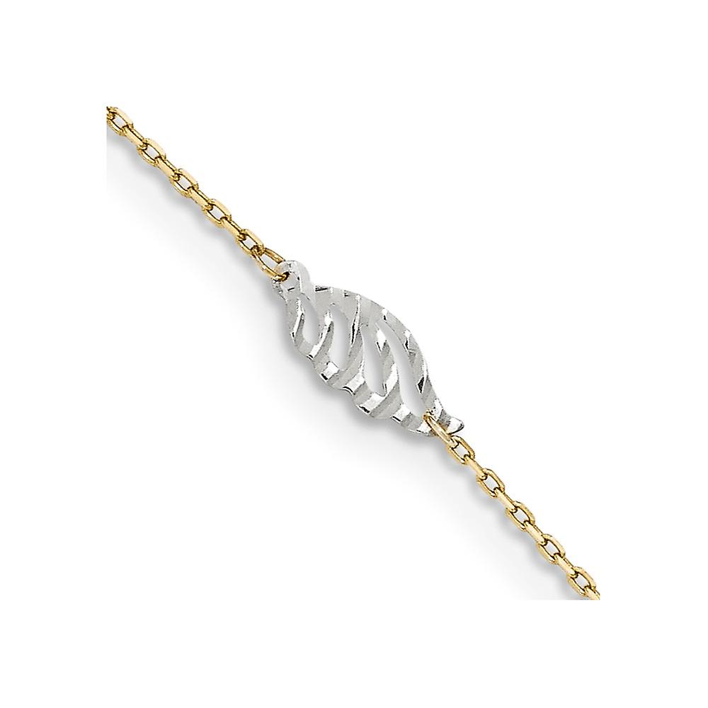 14k Two Tone Fancy Lobster Closure Gold Textured and Polished Leaf With 1 Inch Ext. Anklet 10 Inch 1mm Wide-Anklet for W