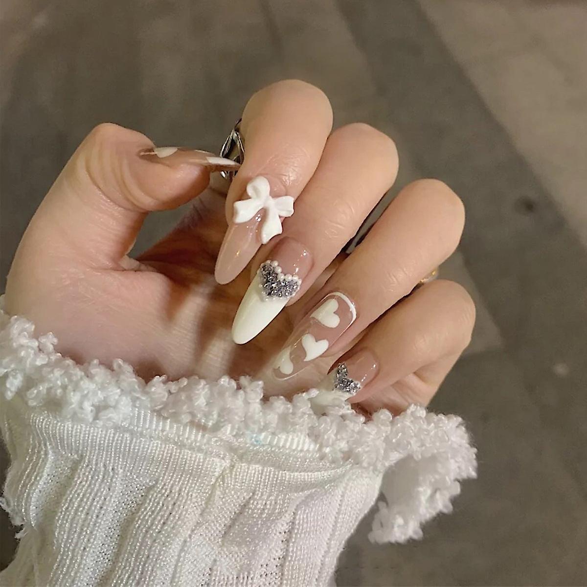 False Nail Tips Fake Artificial Art DIY Finger Cover White Peach Graceful Bow Finished Removable