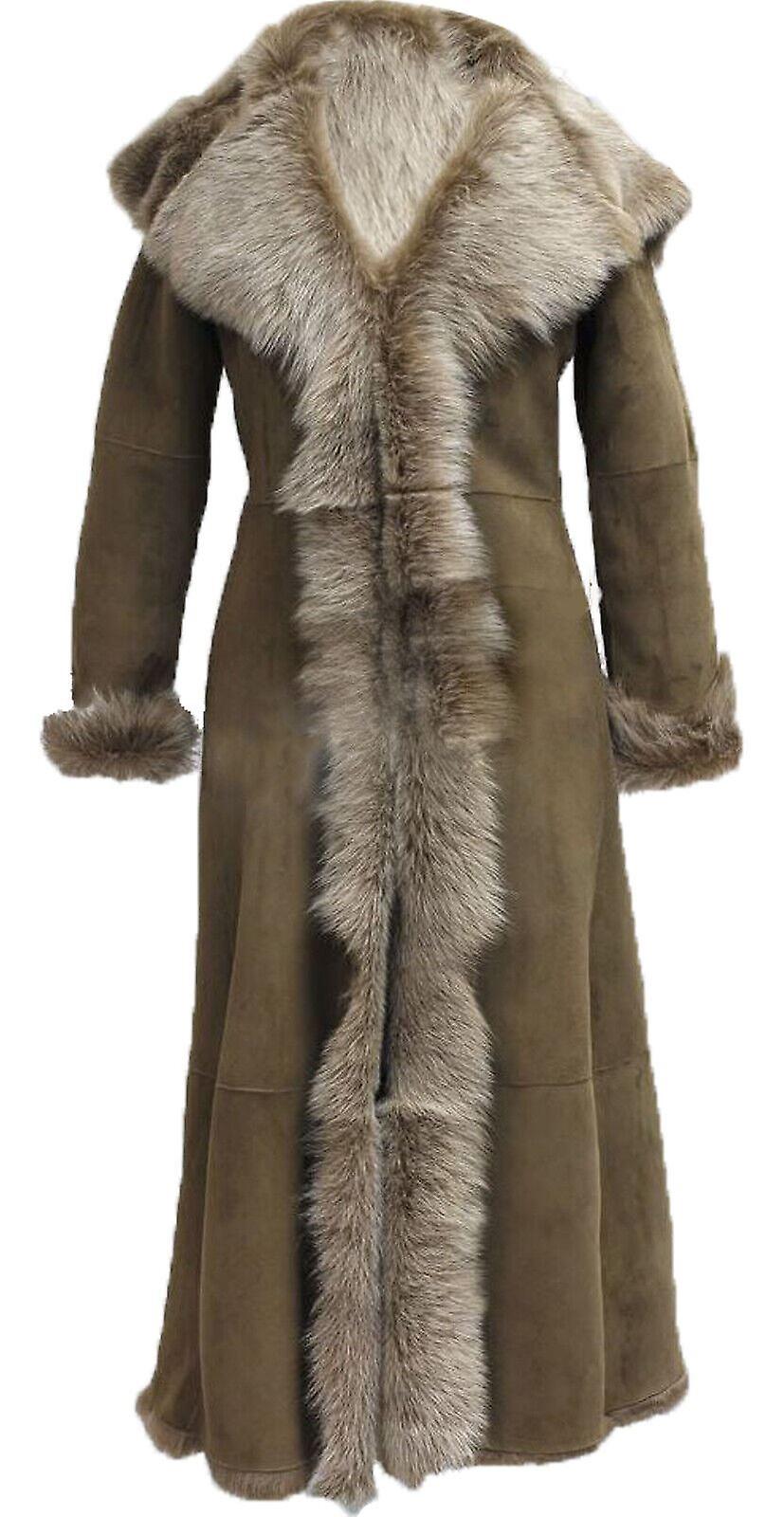 Infinity Leather Men's Tan Ladies Beaver Brown Full Length Sheepskin Hooded Toscana Shearling Merino Leather Coat Small