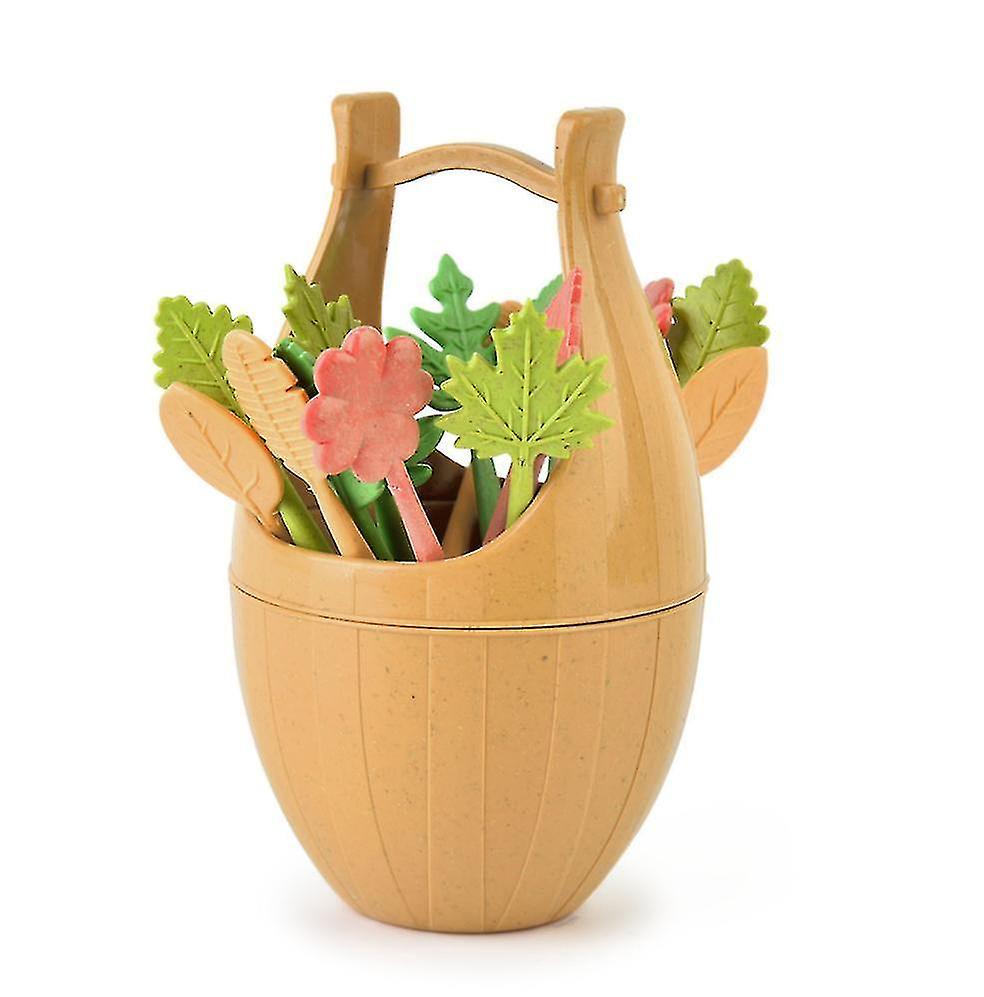 Food Sticks Skewers Mini Wooden Bucket Fruit Fork Set With 16pcs Fruit Stick Brown