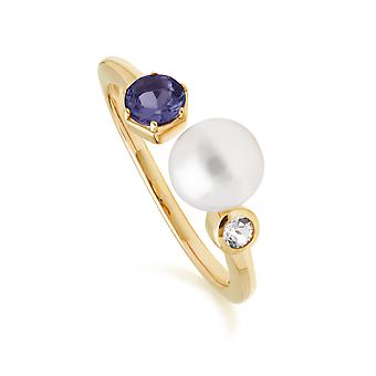 Modern Pearl, Tanzanite & Topaz Open Ring in Gold Plated...