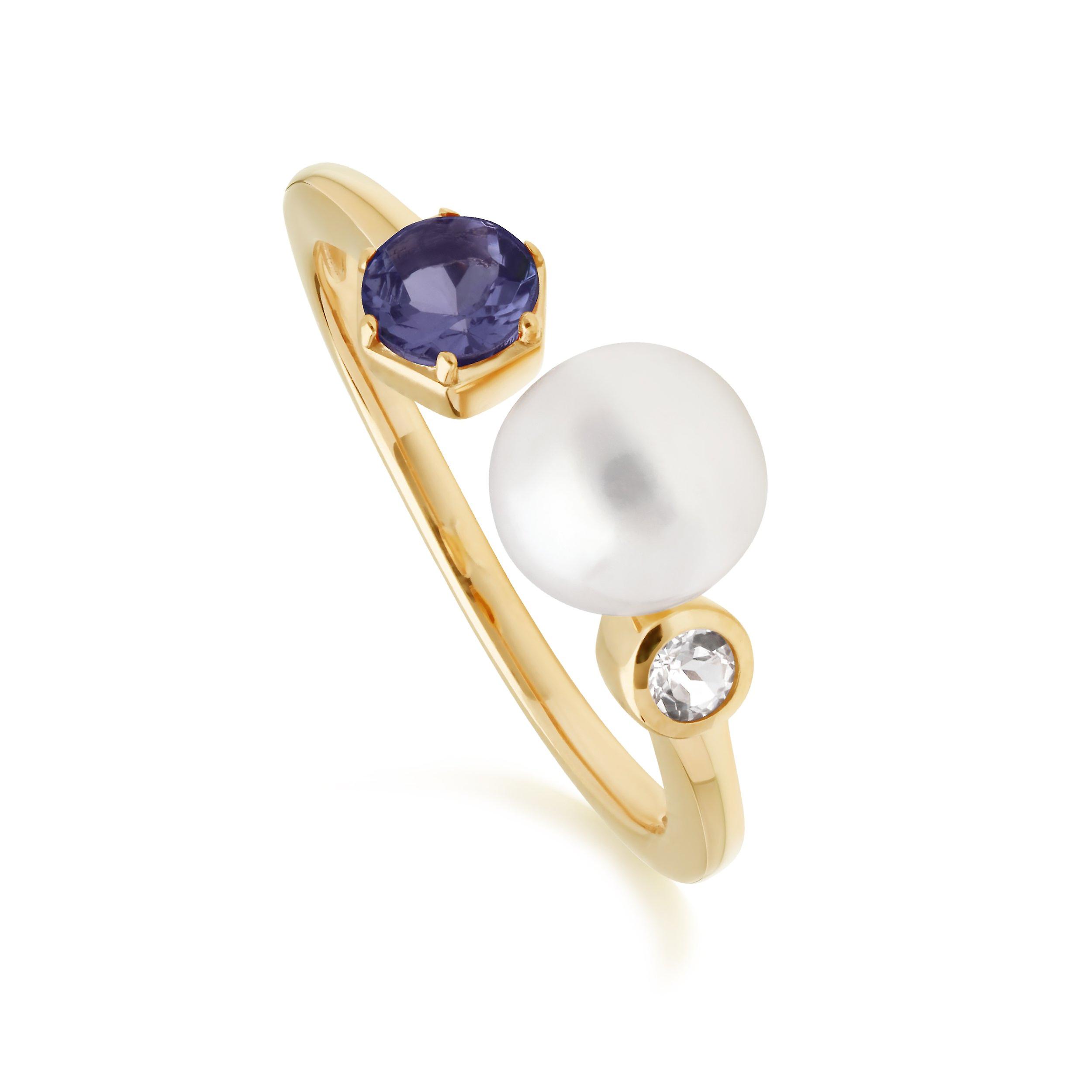 Modern Pearl, Tanzanite & Topaz Open Ring in Gold Plated Sterling Silver  270R058608925