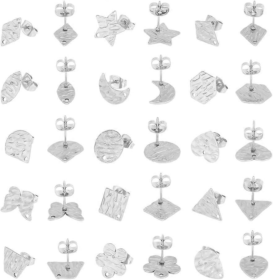30Pcs 15 Style Textured Stud Earring Stainless Steel Hexagon Stud Earring Posts Hypoallergenic Star Moon DIY Earring Accessories with Loop and Ear Nut