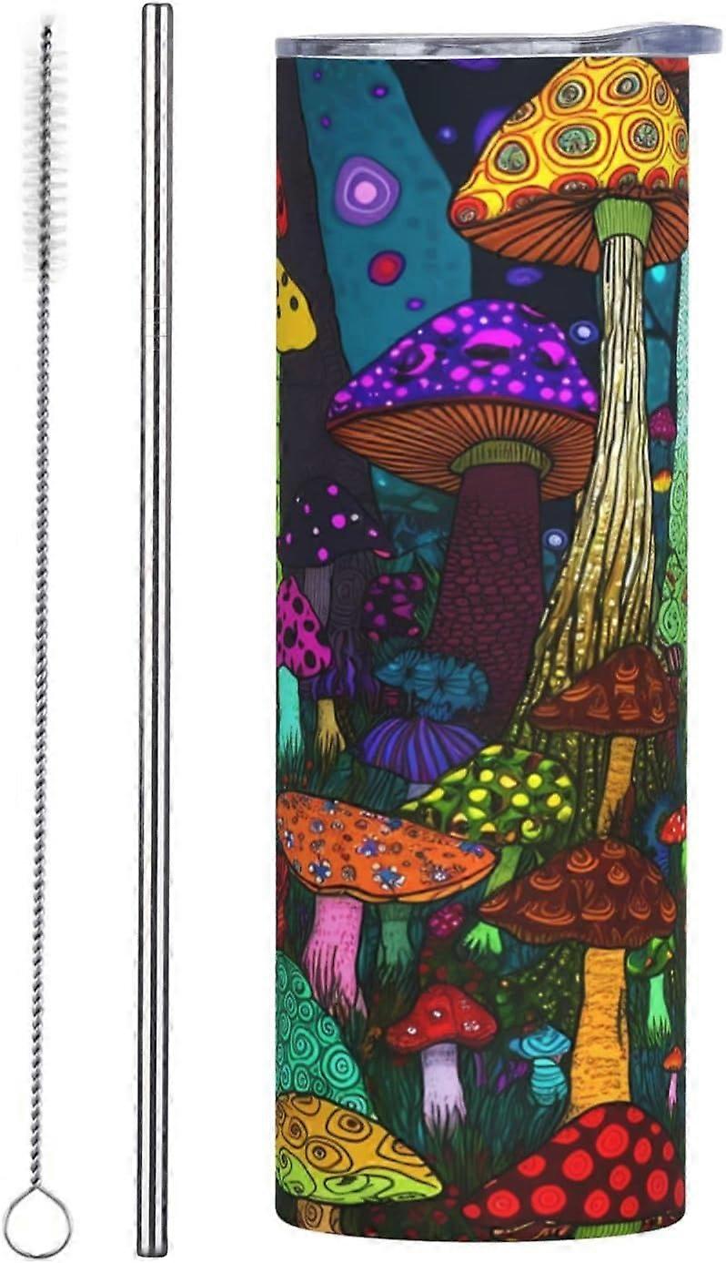 Copo Térmico Isolado de Aço Inoxidável com Cogumelo de Desenho Animado 20 OZ, Caneca de Café Colorida Floresta com Tampa à Prova de Salpicos e Canudo para Presentes para Amantes de Homens Mulheres