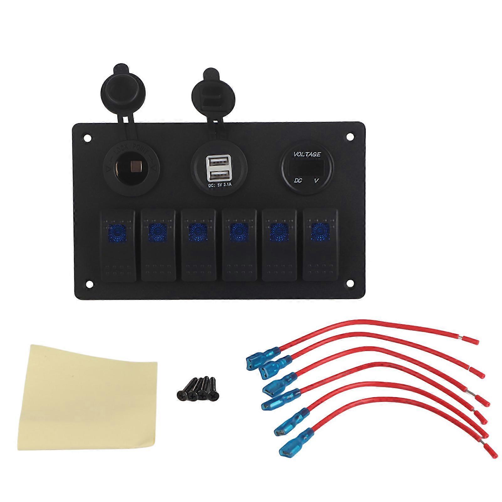 12V 24V 6 Gang Auto Boot LED Wippe Schalttafel Dual USB Voltmeter Zigarettenanzünder Blau
