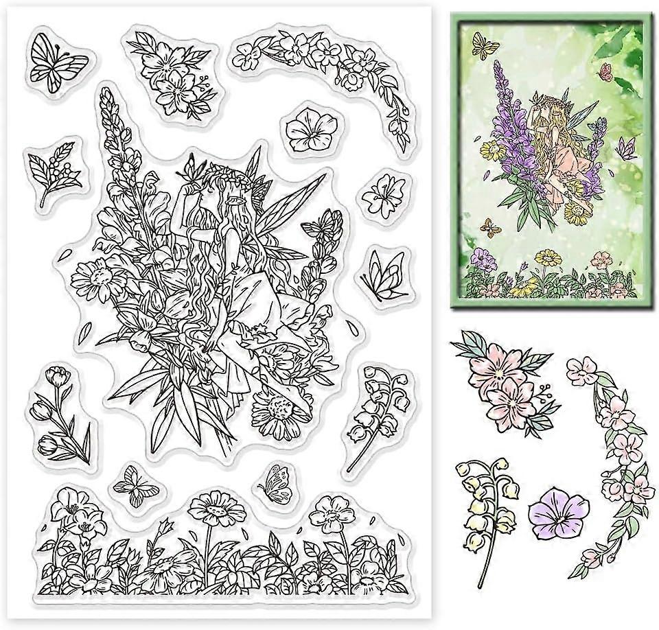 Spring Theme Clear Stamps Fairy Rubber Stamps Flower Silicone Stamps Transparent Paper Craft Stamps for DIY Scrapbooking Stamps Spring Festival Decora