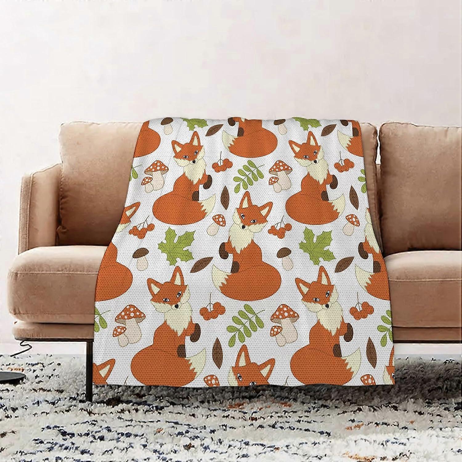 Premium Flannel Throw Blanket - Fox Forest Fauna and Flora with Foxes Nature Leaf and Mushrooms Pattern flannel Blanket Sofa Throw, Blanket Fluffy Sof