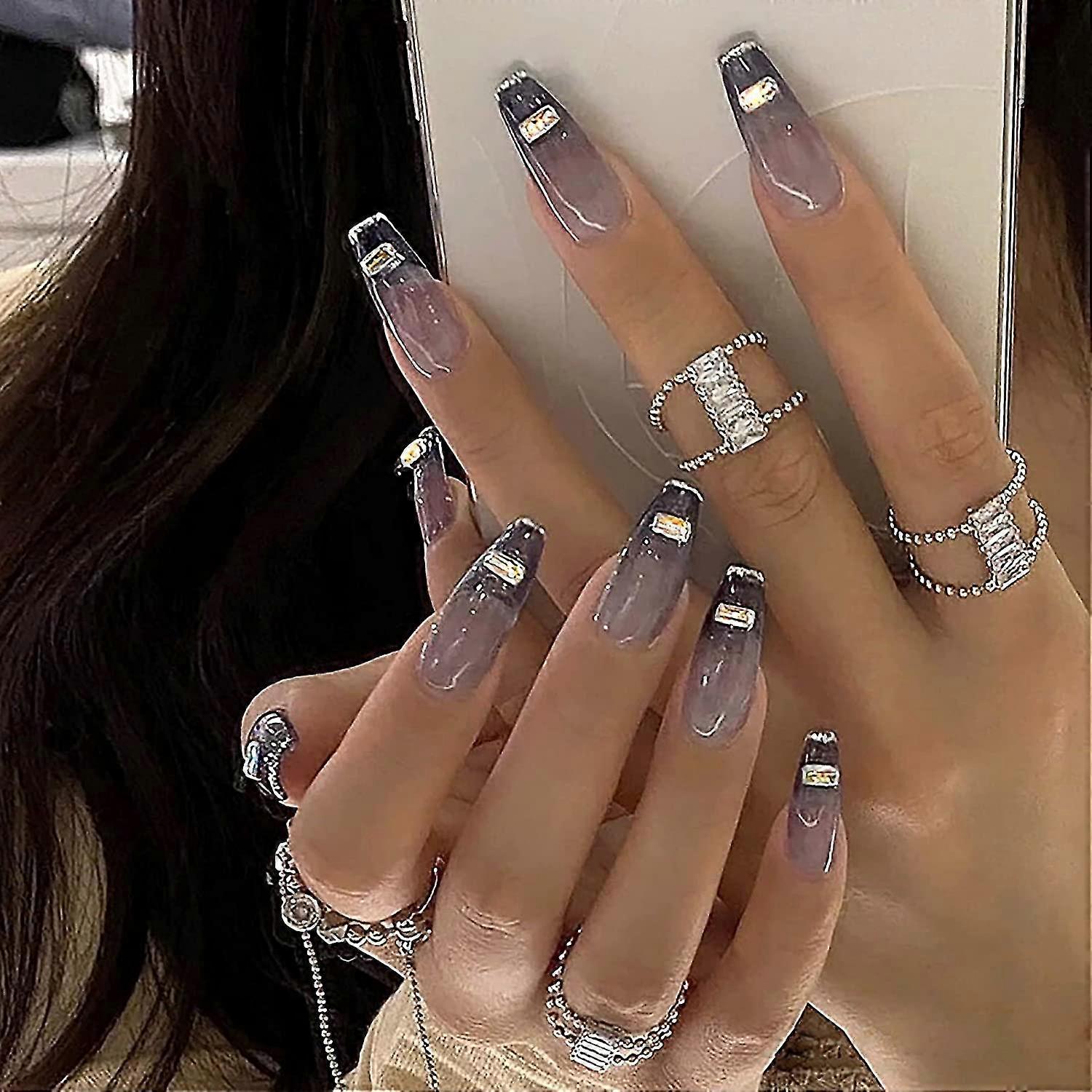 24pcs Press On Nails Extra Long With Designs,fake Coffin Nails