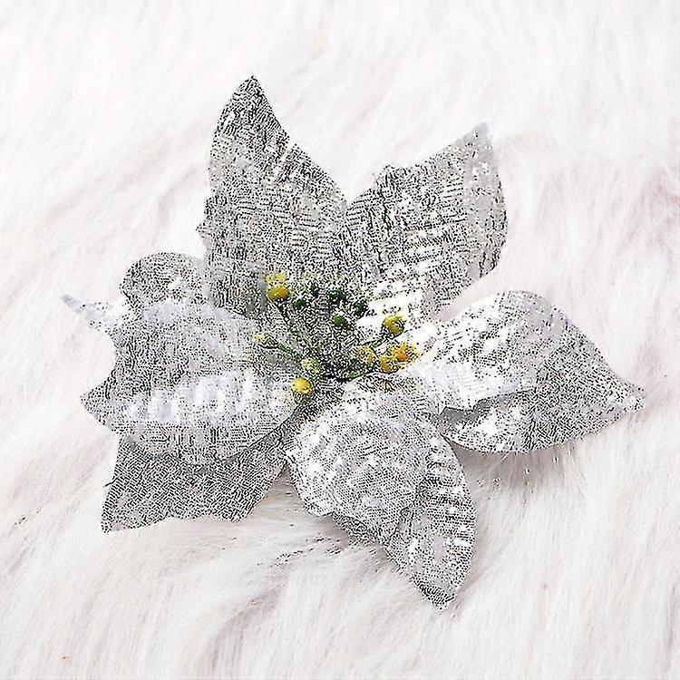 Christmas Tree Ornament Bouquet Stem, Xmas Faux Glitter Christmas Silk Flowers For Craft Diy Xmas Tree Wreaths(4pcs, Silver)