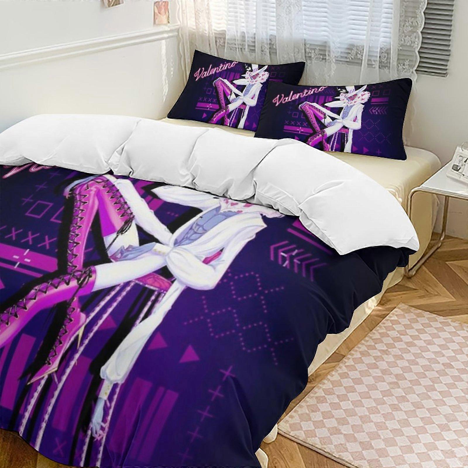 v235 Hazbin Hotel 2 Cama Capa de Edredom Conjuntos de Cama de Microfibra Conjuntos de Edredom Leve de 3 Peças, 1 Capa de Edredom e 2 Fronhas para Crianças aa235