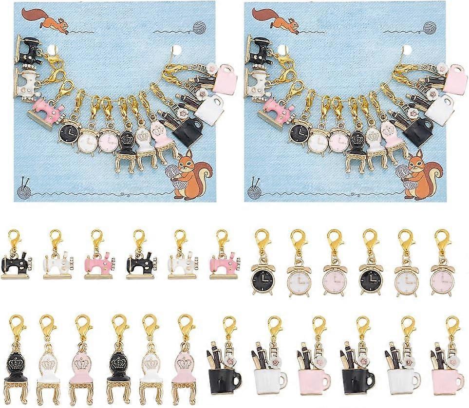 24 Pcs 4 Styles Life Theme Stitch Marker Alloy Enamel Crochet Stitch Marker Pen Cup Clock Locking Stitch Marker with Lobster Clasp Removable Knitting