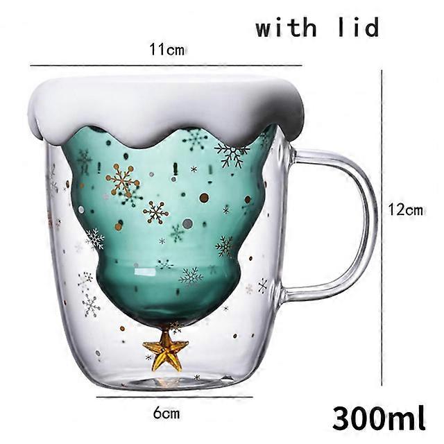 Creative Christmas Tree Glass Cup 300ml Heat-Resistant Double Wall Glass Cup Coffee Mug with Lid Cute Christmas Gifts for Girls