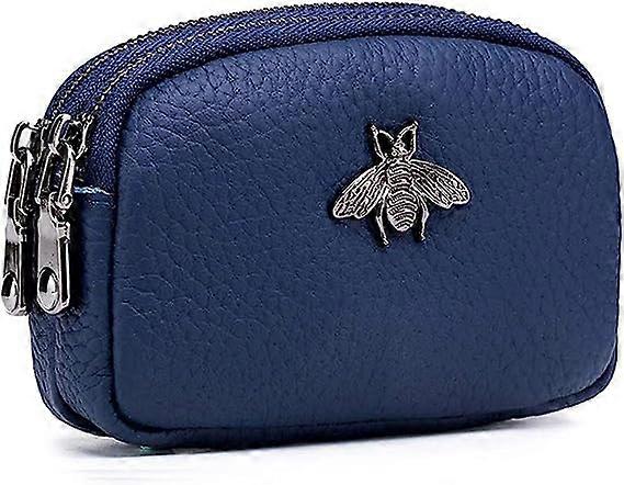 Navy Women's Black Leather Wallet - Double Bee Zipper - Wallets - Simple and Cute Mini Wallet for Women