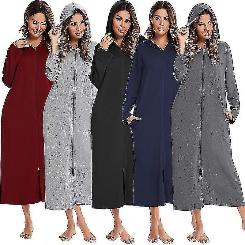 Roupão longo feminino com capuz e zíper, sobretudo longo com bolso sólido, roupa de dormir