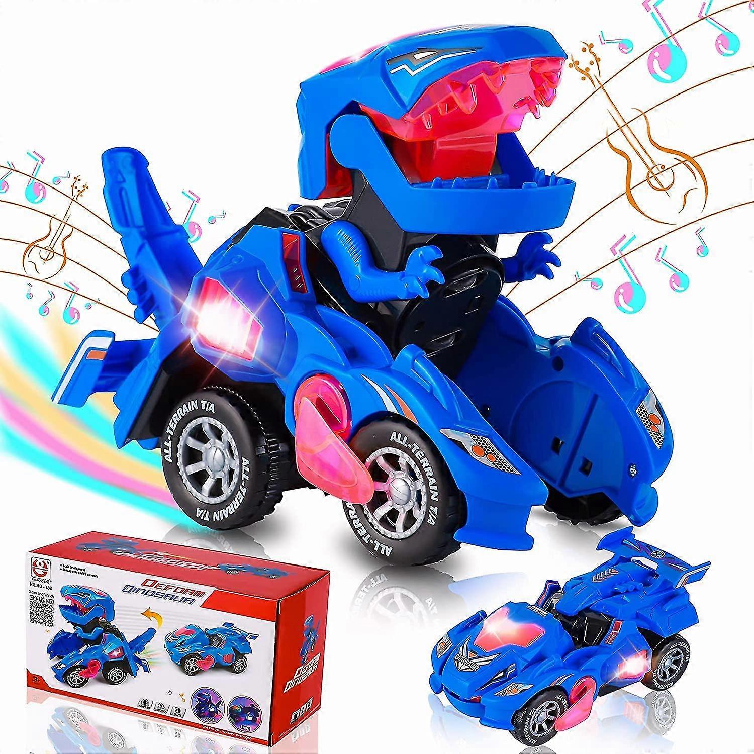 Automatyczne zabawki dinozaurów z muzyką, 2 w 1 automatyczne samochody Dino ze światłem LED, zabawki dinozaurów dla dzieci 3-5 niebieskich -