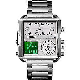 Men's Digital Sports Watch, LED Square Large Face Analog Quartz Wrist Watch with Multi-Time Zone Waterproof Stopwatch Silver-light