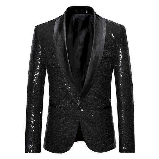 Black Sequin One Button Shawl Collar Suit Jacket Men Bling Glitter