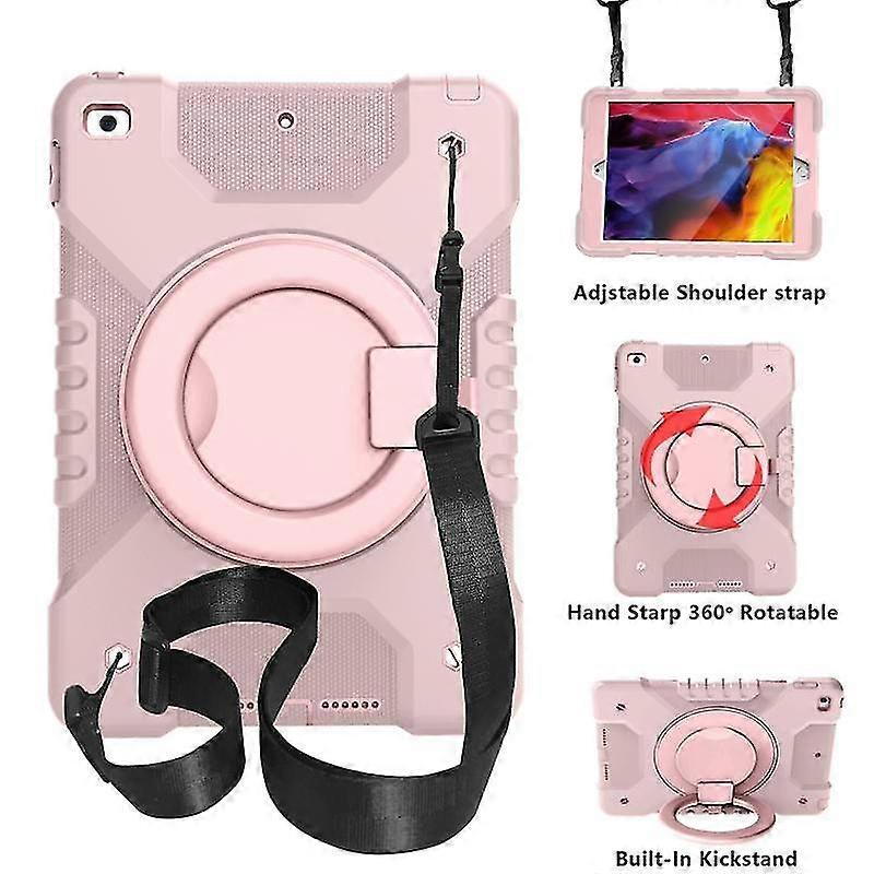 For Ipad 10.2 2021 / 2020 / 2019 Pc + Silicone Shockproof Combination Case With 360 Degree Rotating Holder & Handle & Shoulder Strap(rose Gold)