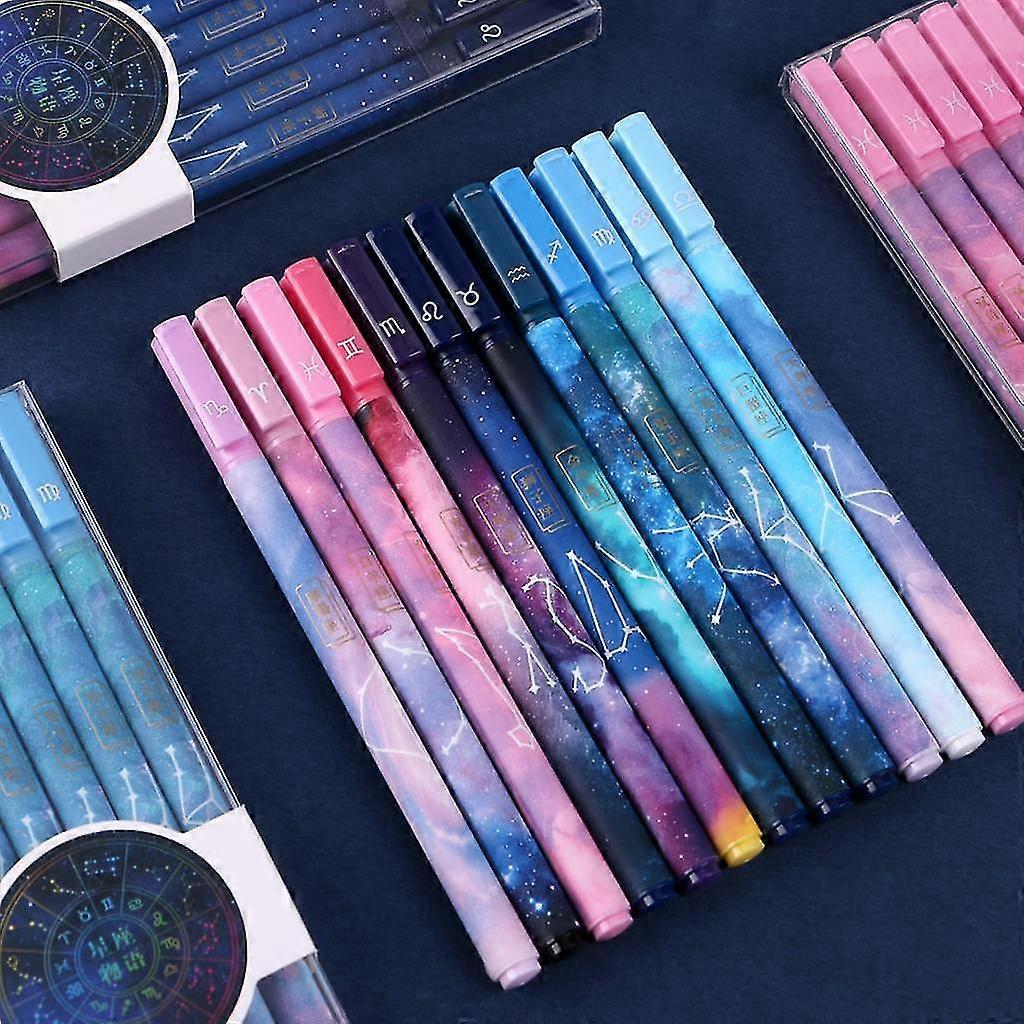 12pcs/set 12 Constellation Themes Handle Gel Pen 0.5mm Refill Rods Black Ink Ballpoint Pen Colorful Handle For School Writing
