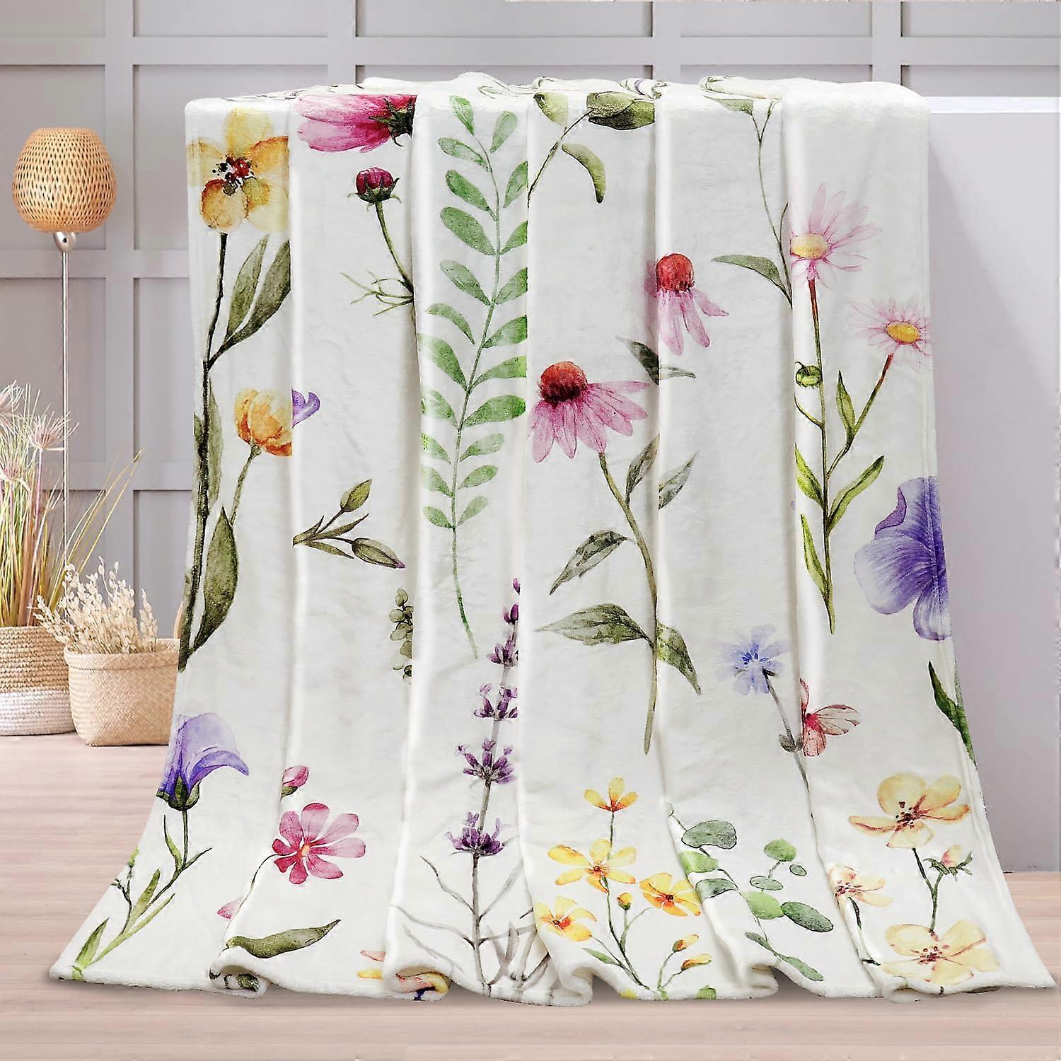 Wildflowers Throw Blanket Botanical Floral Printed Blanket Super Soft Flannel Throw Blanket Lightweight Fluffy Plush Fuzzy Bed Blanket for Bedding Sof