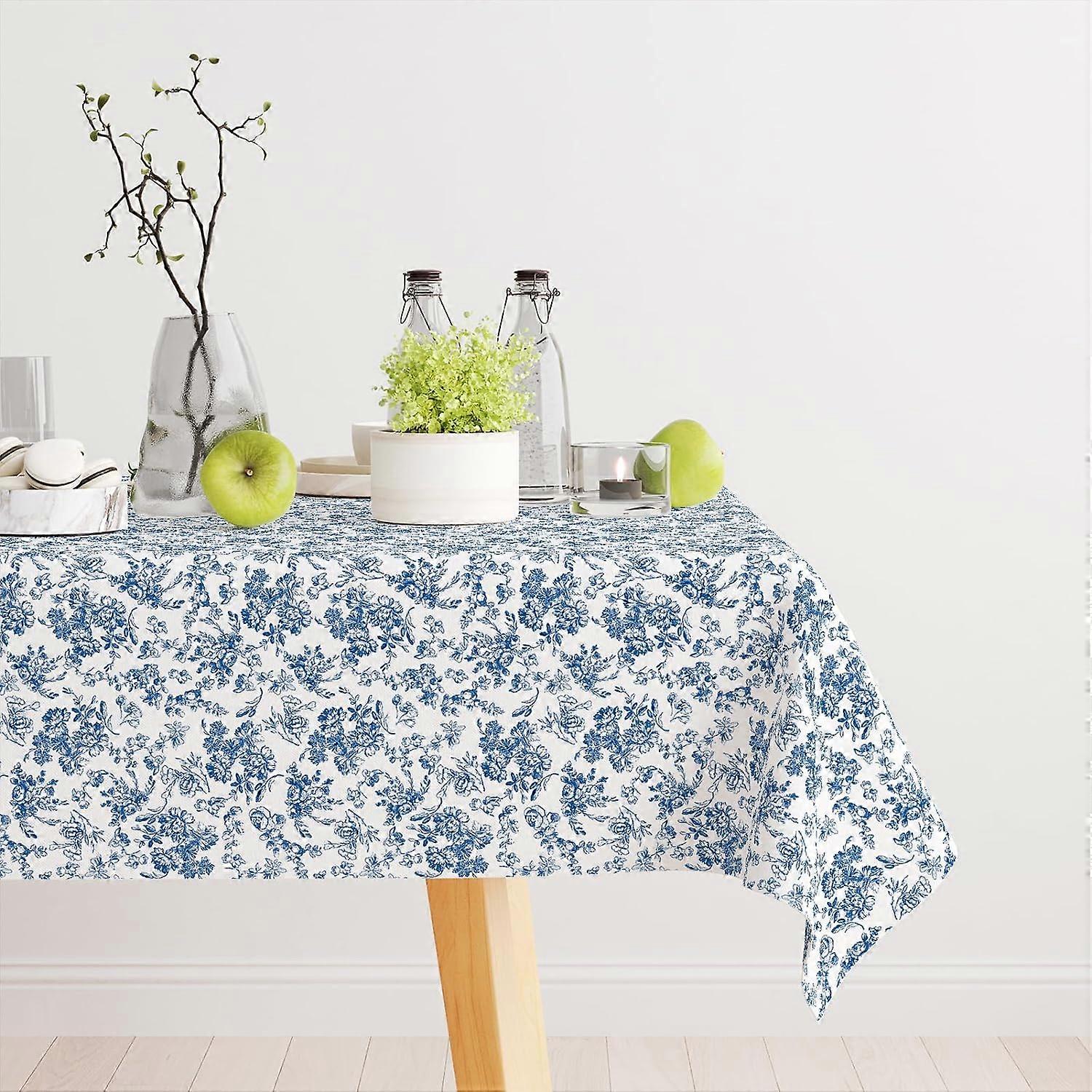 Blue and White Tablecloth Vintage Rectangle Tablecloth, Rustic Blue Floral Table cloth, Washable Wrinkle Resistant Toile tablecloth for Restaurants, P