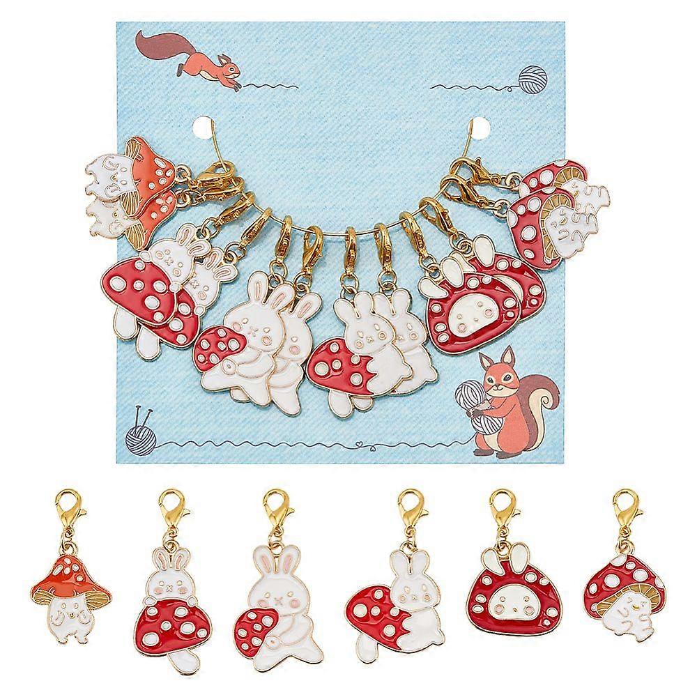 Mushroom & Rabbit Pendant Stitch Markers Alloy Enamel Crochet Lobster Clasp Charms Locking Stitch Marker with Wine Glass Charm Ring Mixed Color 3.5~4c