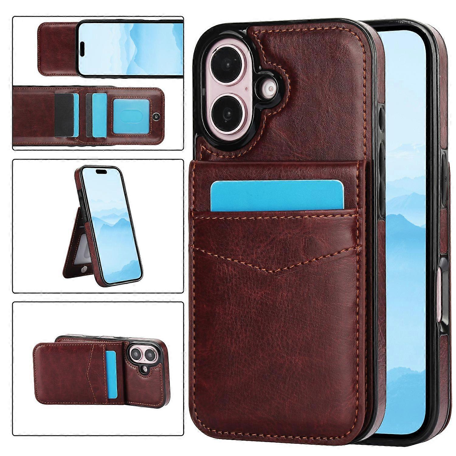 iphone 16 Plus Case With Card Holder,PU Leather Kickstand-Brown